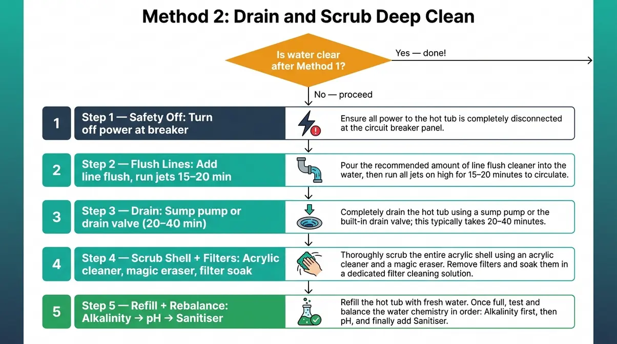 Flowchart showing how to deep clean a hot tub after fake tan contamination using the drain and scrub method