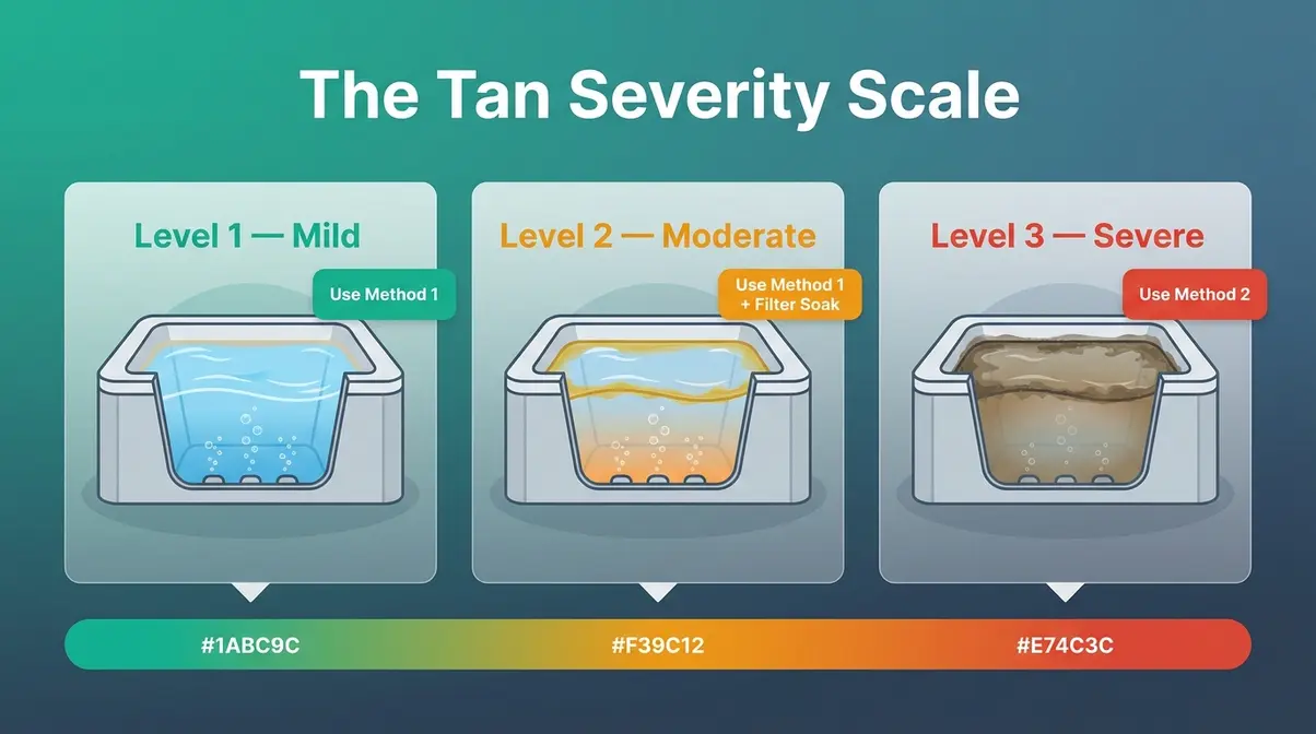 Tan Severity Scale diagram showing three levels of fake tan hot tub contamination from mild to severe