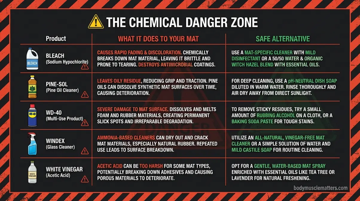 Chemical danger zone gym mat cleaning products to avoid bleach Pine-Sol WD-40 Windex vinegar warning chart