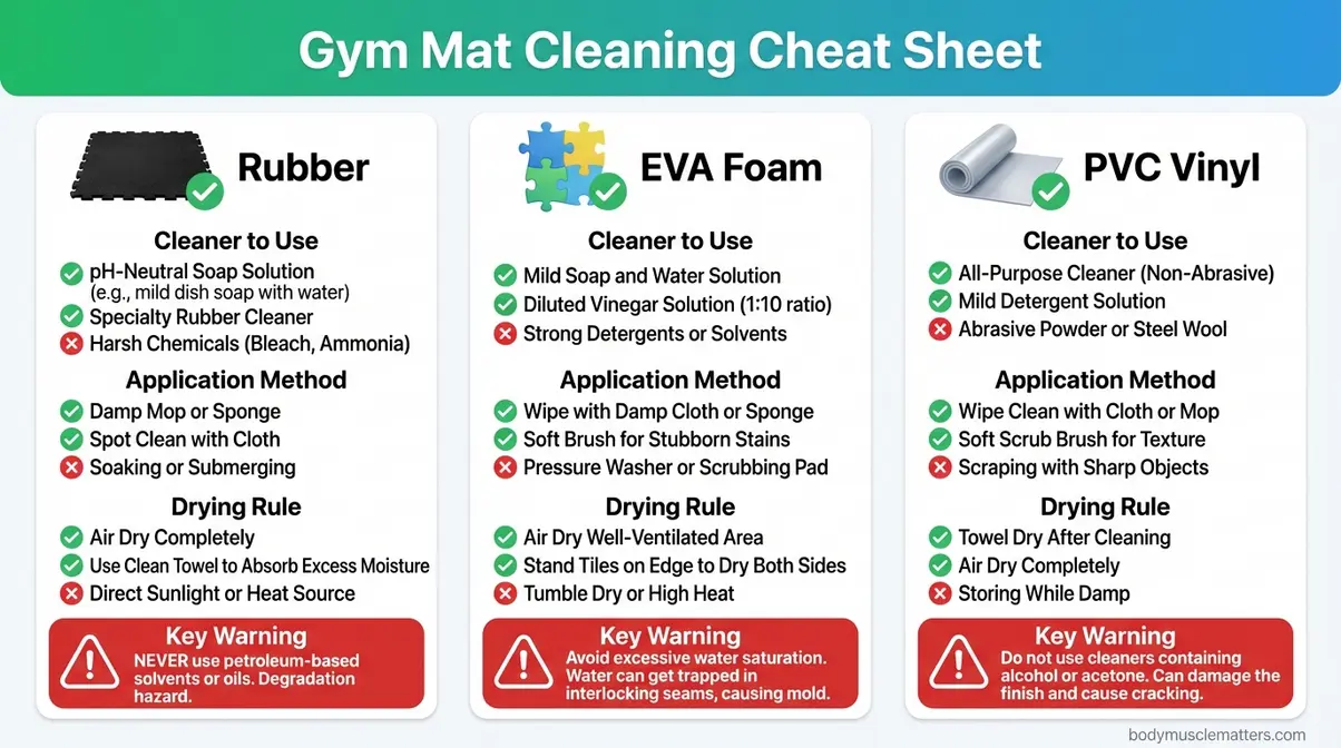 How to clean gym mats rubber foam vinyl material comparison infographic step by step cleaning methods