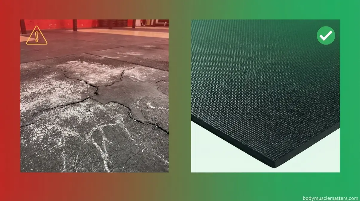 Gym mat cleaning mistakes comparison showing damaged cracked rubber mat versus well-maintained clean mat surface