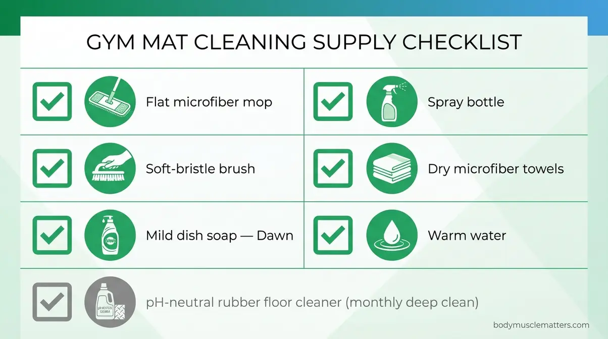 Gym mat cleaning supply checklist flat microfiber mop spray bottle soft brush beginner guide infographic