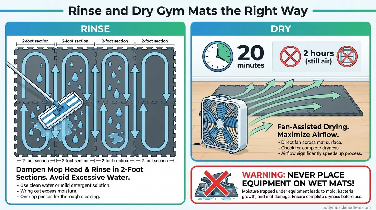 Gym mats drying technique flat microfiber mop damp wipe method moisture control subfloor protection infographic