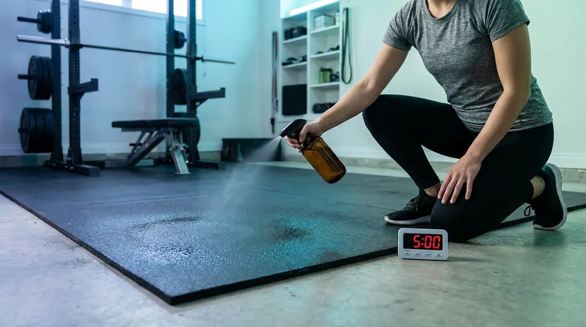 Disinfecting gym mats with EPA-registered spray showing dwell time timer on rubber flooring surface