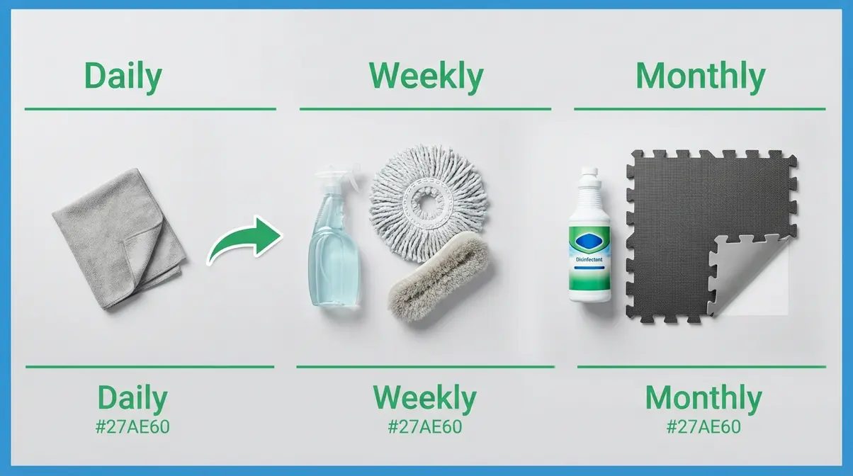 Gym mat maintenance schedule showing daily weekly monthly cleaning routine supplies on flat surface