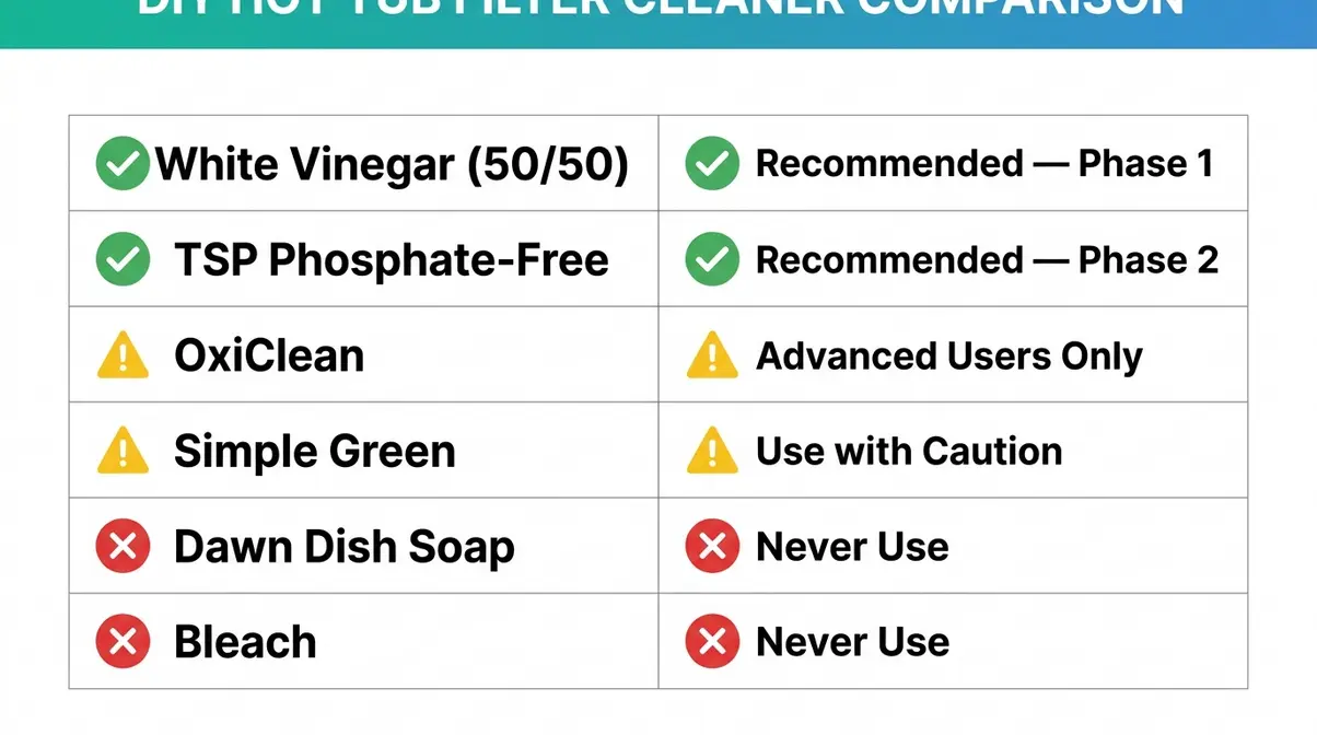 Comparison chart of DIY hot tub filter cleaners showing vinegar, OxiClean, bleach and dish soap risk ratings