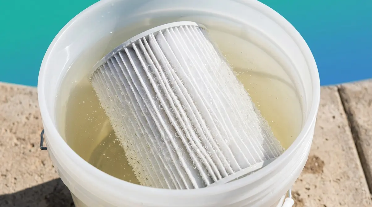 Hot tub filter soaking in 50/50 vinegar solution to clean mineral scale