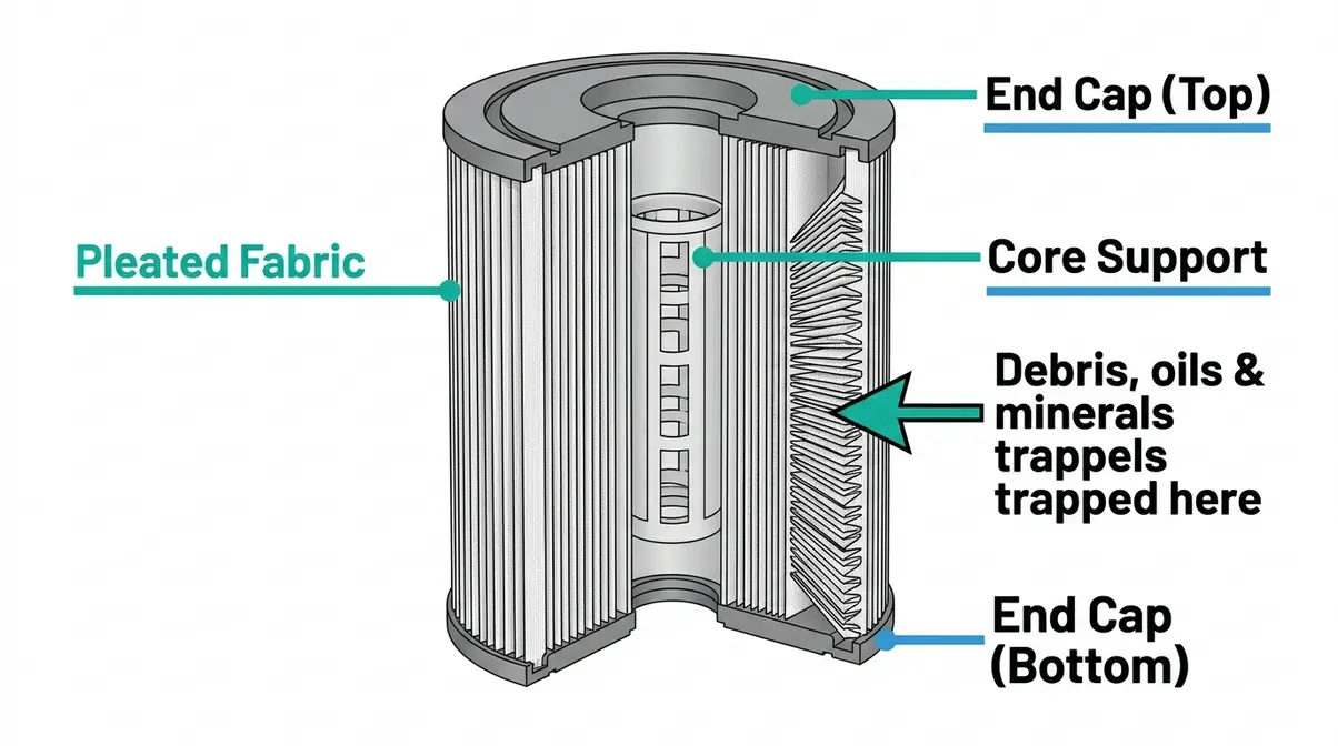 Hot tub cartridge filter anatomy diagram showing pleated fabric folds and debris trapping layers