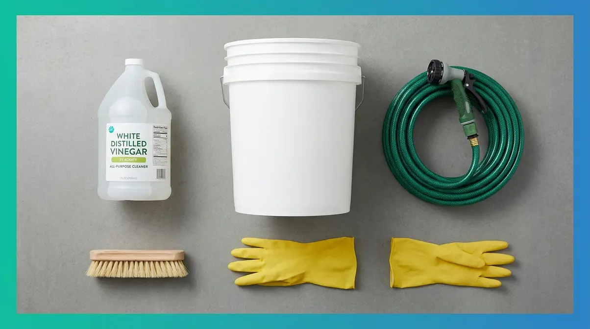 Supplies needed to clean hot tub filter with vinegar including white vinegar jug and bucket