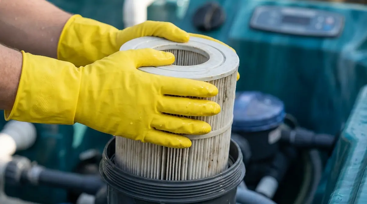 Removing hot tub cartridge filter from housing before cleaning