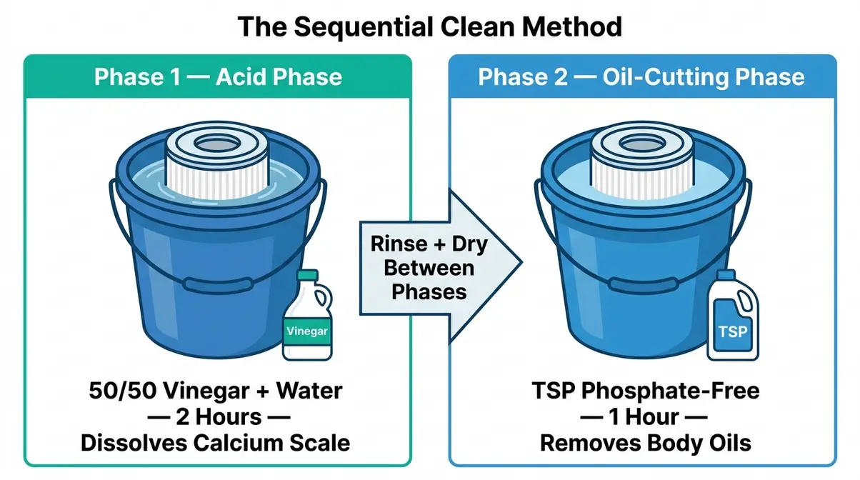 Two-phase Sequential Clean Method diagram showing vinegar acid phase and TSP oil-cutting phase for hot tub filters