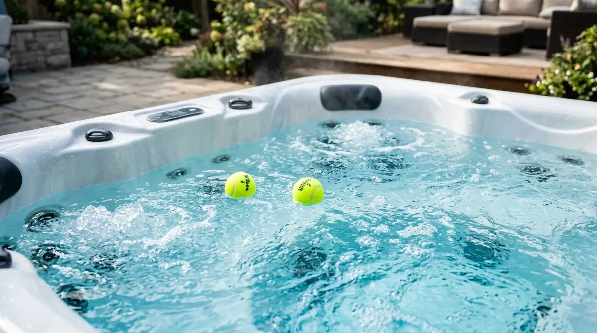 Two yellow tennis balls floating in hot tub water to absorb body oils and protect the filter