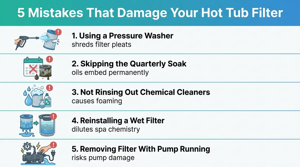 How to Clean a Hot Tub Filter: 3-Step Method That Works 13 Vertical infographic listing five common hot tub filter cleaning mistakes with icons and warning captions