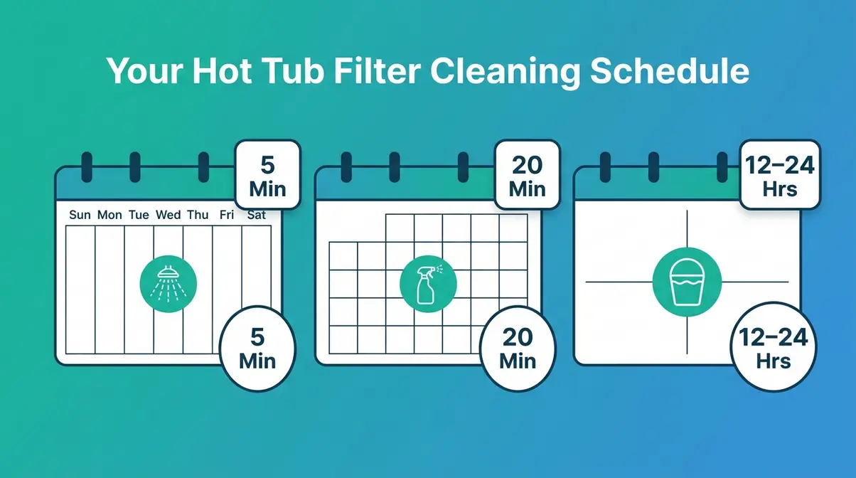 How to Clean a Hot Tub Filter: 3-Step Method (2026) 2 Hot tub filter cleaning schedule showing weekly monthly and quarterly maintenance intervals