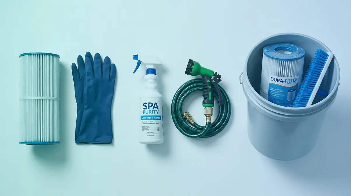 How to Clean a Hot Tub Filter: 3-Step Method That Works 6 Hot tub filter cleaning supplies arranged by tier — hose, spray cleaner, and soak bucket for three cleaning methods