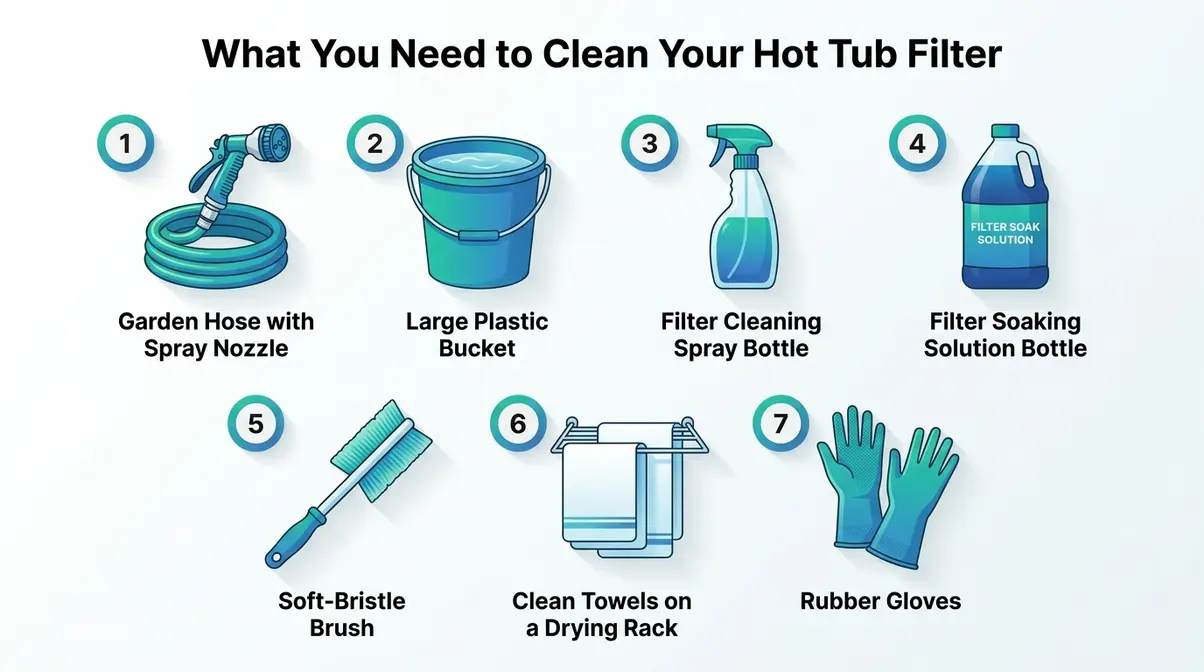 How to Clean a Hot Tub Filter: 3-Step Method (2026) 1 Hot tub filter cleaning tools checklist showing all seven required supplies