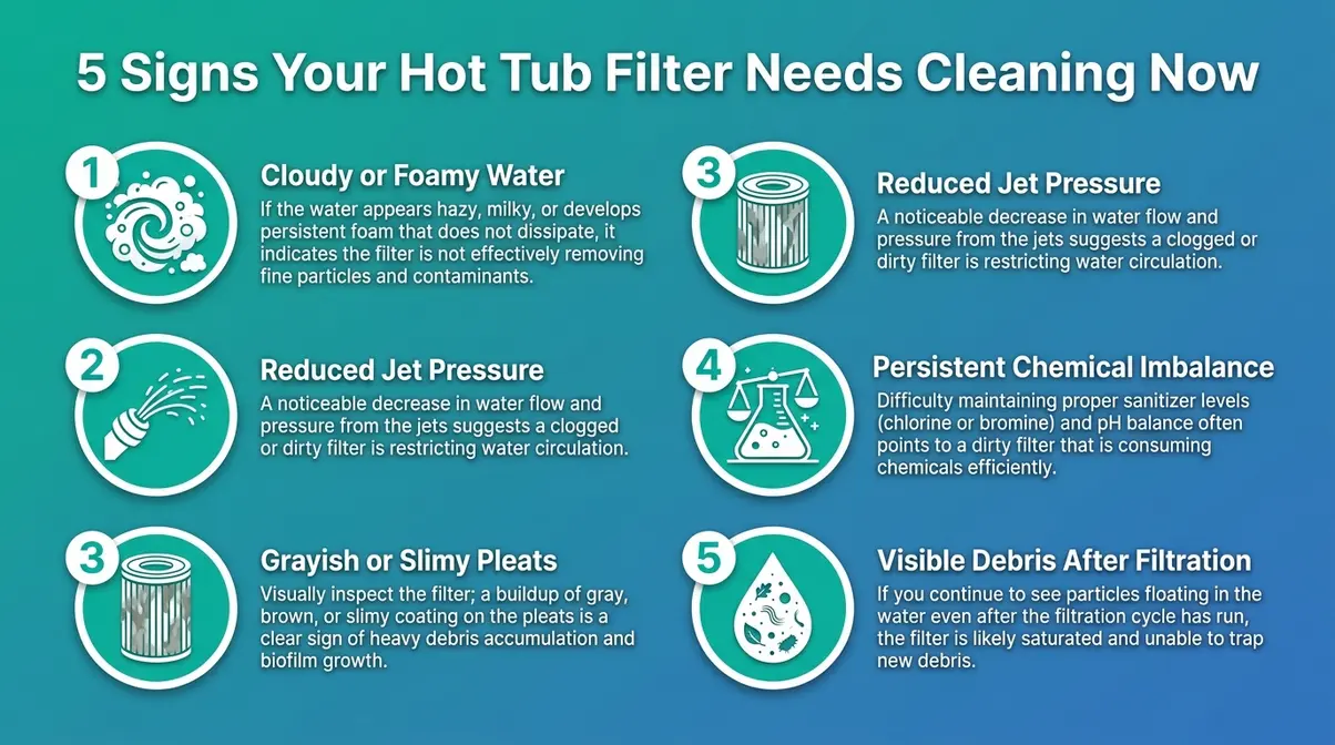 How to Clean a Hot Tub Filter: 3-Step Method (2026) 4 Five signs a hot tub filter is clogged including cloudy water and weak jets