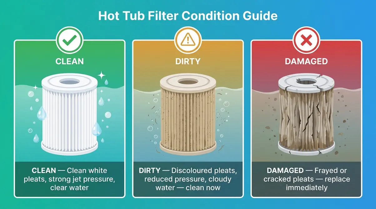 How to Clean a Hot Tub Filter: 3-Step Method That Works 12 Infographic comparing clean, dirty, and damaged hot tub filter cartridges with condition labels