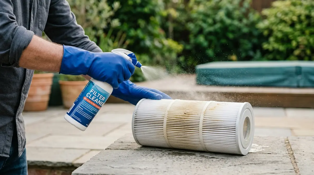 How to Clean a Hot Tub Filter: 3-Step Method That Works 10 Person in rubber gloves applying spray cleaner to a discoloured hot tub filter cartridge lying on a patio