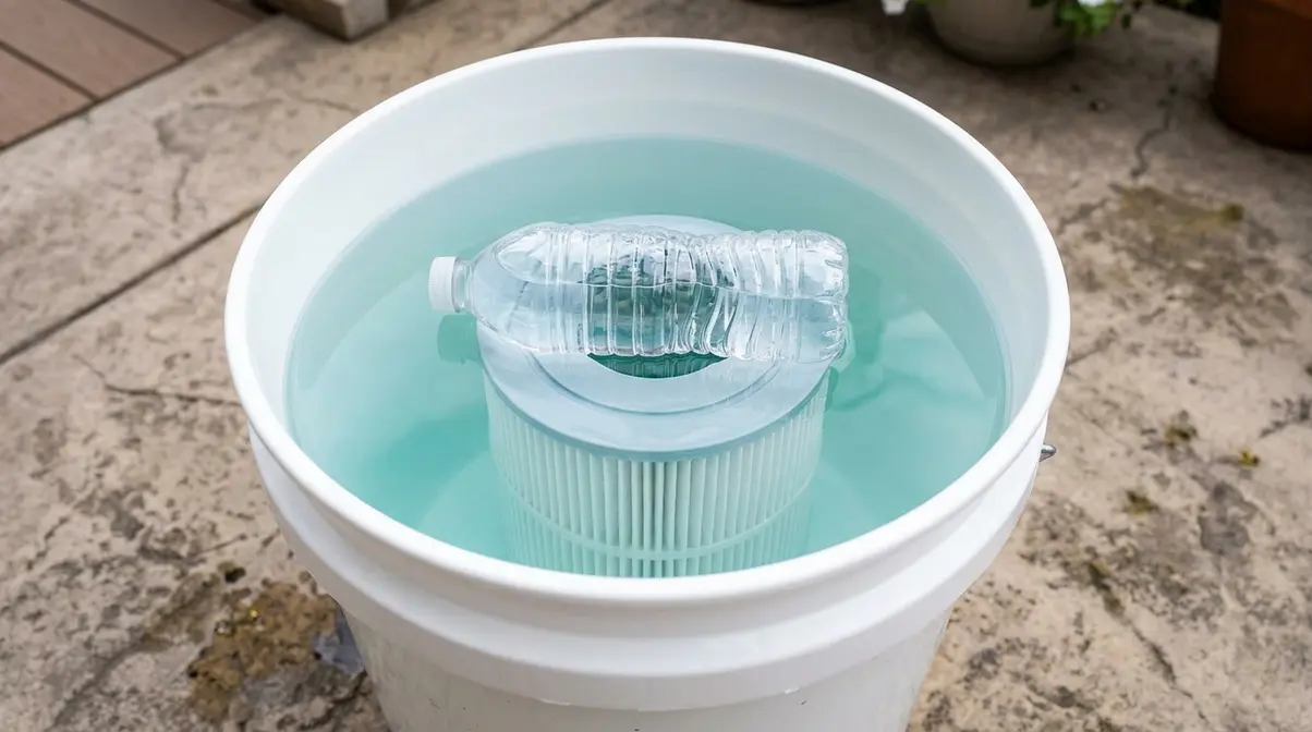 How to Clean a Hot Tub Filter: 3-Step Method That Works 11 Hot tub filter cartridge fully submerged in a bucket of cleaning solution for an overnight deep soak