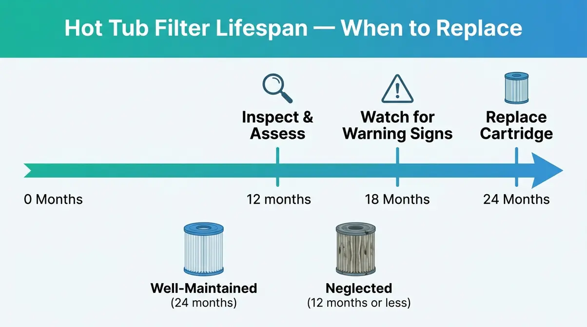 How to Clean a Hot Tub Filter: 3-Step Method (2026) 3 Hot tub filter replacement timeline showing lifespan from 12 to 24 months with maintenance milestones