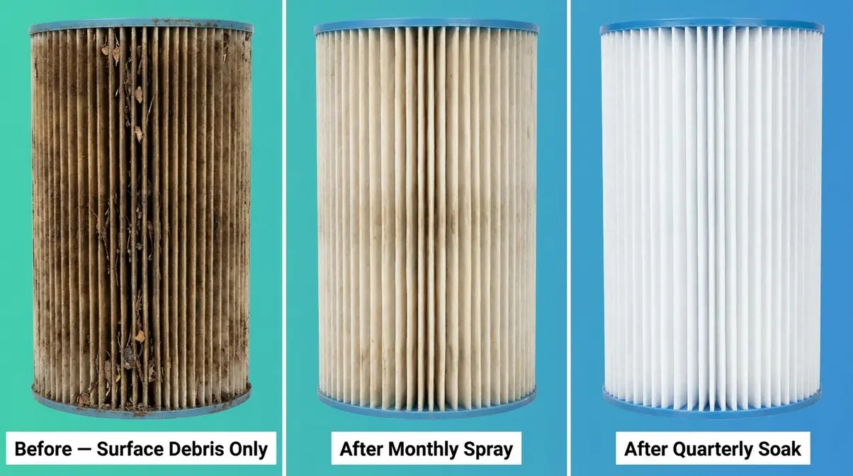 How to Clean a Hot Tub Filter: 3-Step Method That Works 7 Hot tub filter cartridge shown dirty, partially cleaned, and fully cleaned in three side-by-side panels