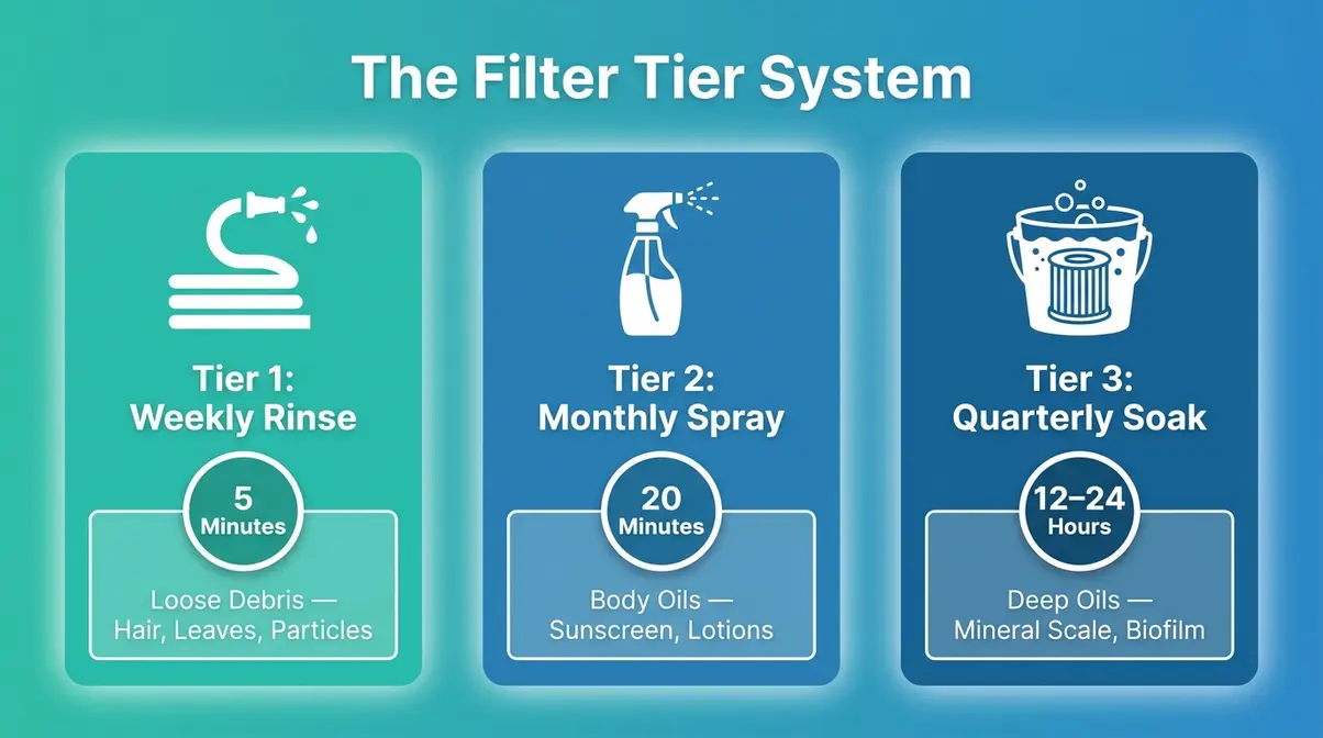 How to Clean a Hot Tub Filter: 3-Step Method (2026) 5 Hot tub filter cleaning 3-tier method infographic showing weekly monthly quarterly steps