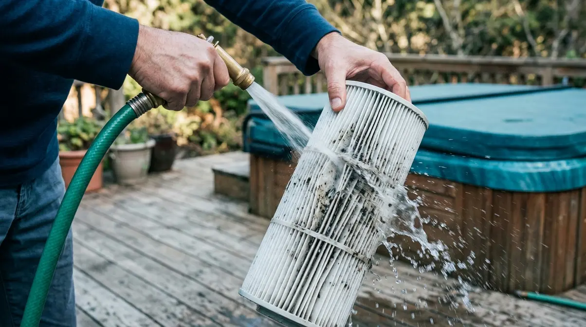 How to Clean a Hot Tub Filter: 3-Step Method That Works 9 Person rinsing a hot tub filter cartridge with a garden hose at 45-degree angle to clean pleats