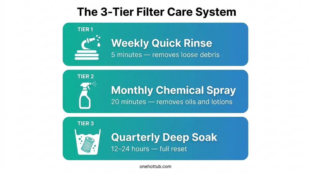 How to Clean a Hot Tub Filter: 3-Step Method That Works 8 Infographic showing the 3-tier hot tub filter care system with weekly rinse, monthly spray, and quarterly soak steps