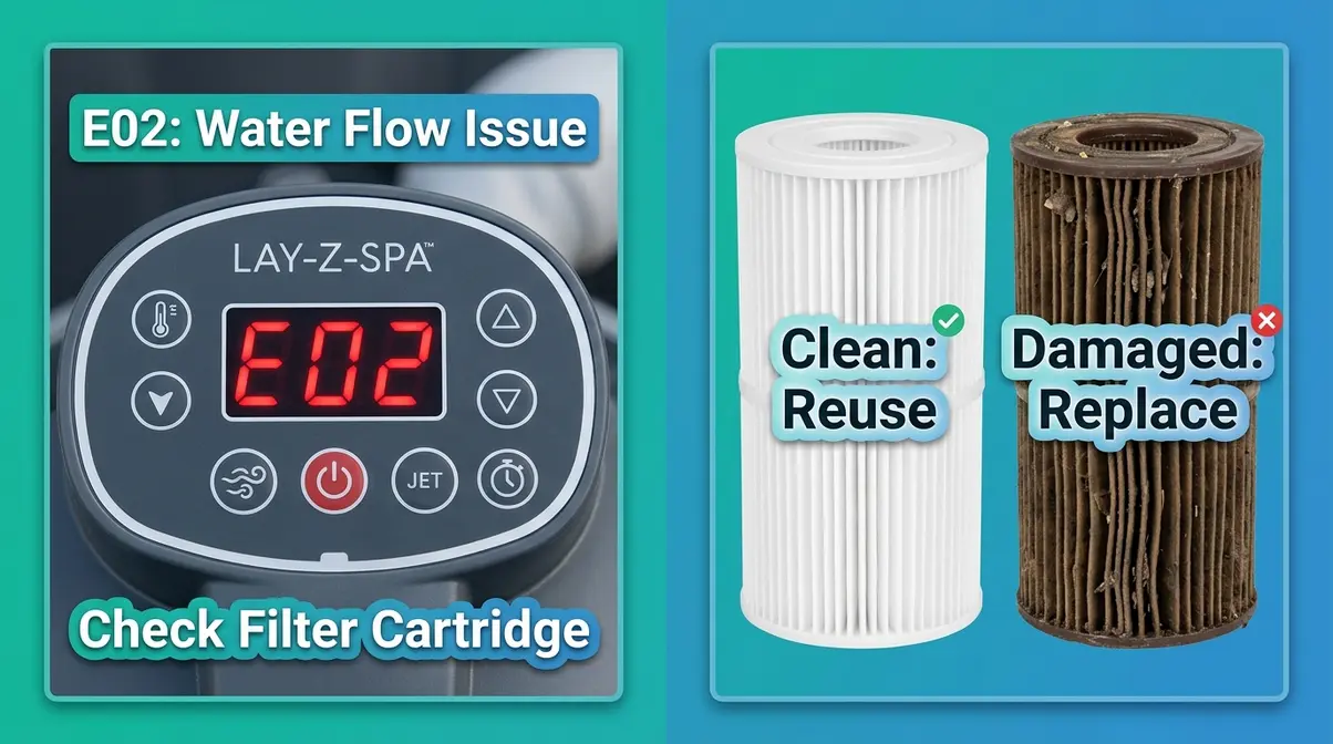 How to Clean Lay-Z-Spa Filter: Step-by-Step Guide 7 Lay-Z-Spa pump showing E02 error code next to comparison of clean and damaged filter cartridges
