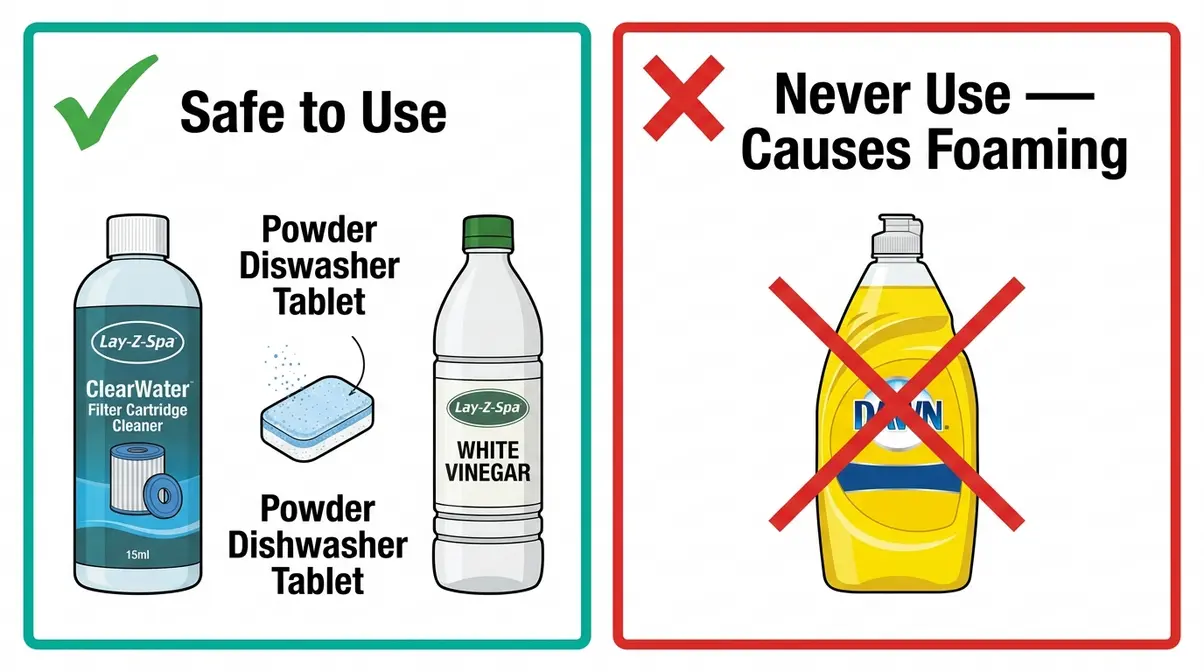 How to Clean Lay-Z-Spa Filter: Step-by-Step Guide 4 Comparison of safe Lay-Z-Spa filter cleaning agents versus liquid dish soap which causes foaming
