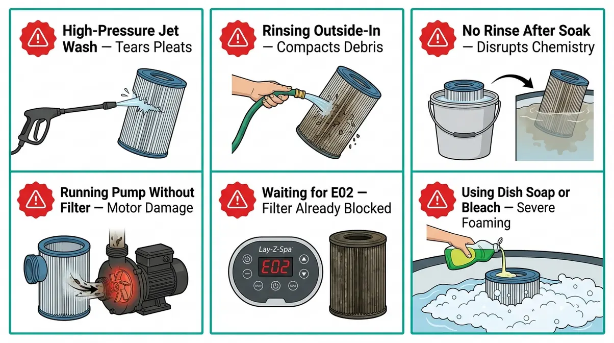 How to Clean Lay-Z-Spa Filter: Step-by-Step Guide 8 Six common Lay-Z-Spa filter cleaning mistakes including high-pressure rinsing and using dish soap