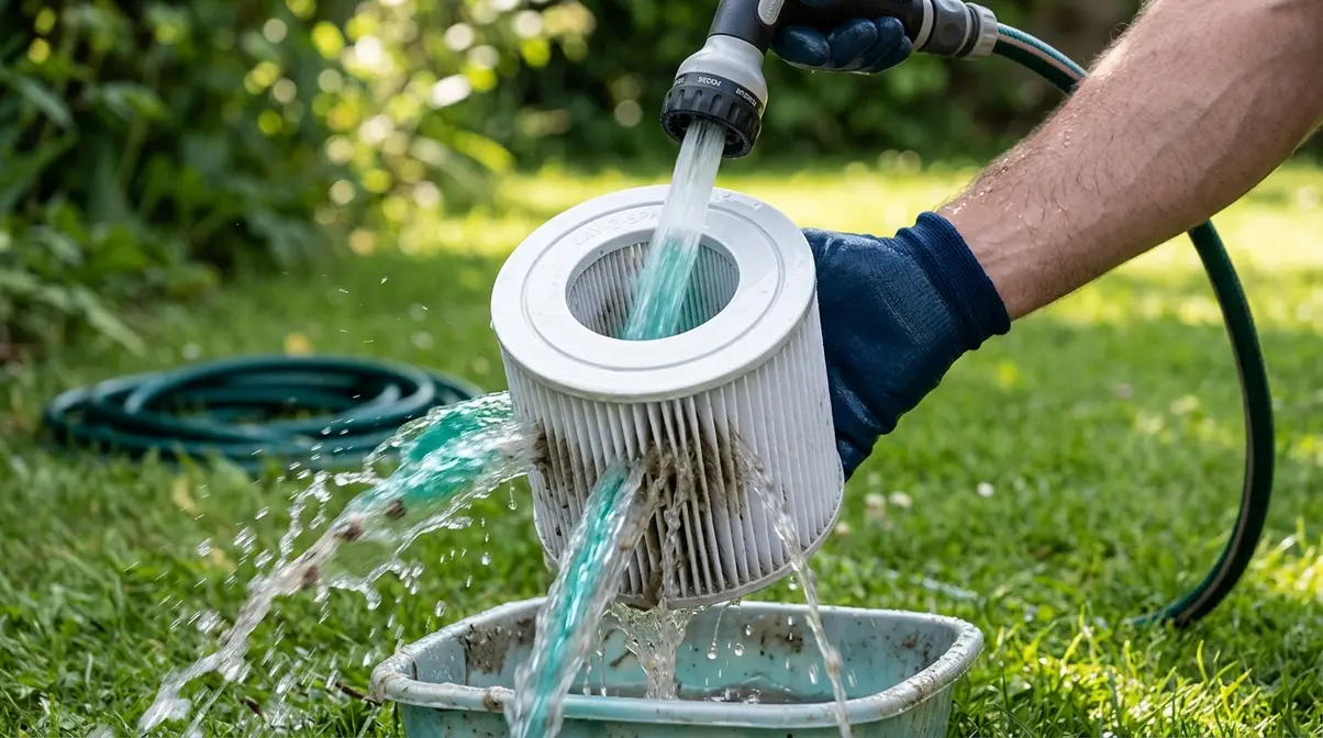 How to Clean Lay-Z-Spa Filter: Step-by-Step Guide 3 Person rinsing a Lay-Z-Spa filter cartridge inside-out with a garden hose on medium pressure