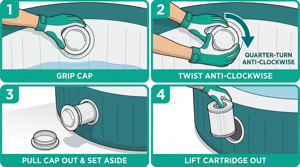 How to Clean Lay-Z-Spa Filter: Step-by-Step Guide 6 Four-step sequence showing how to remove a Lay-Z-Spa filter cartridge from its housing