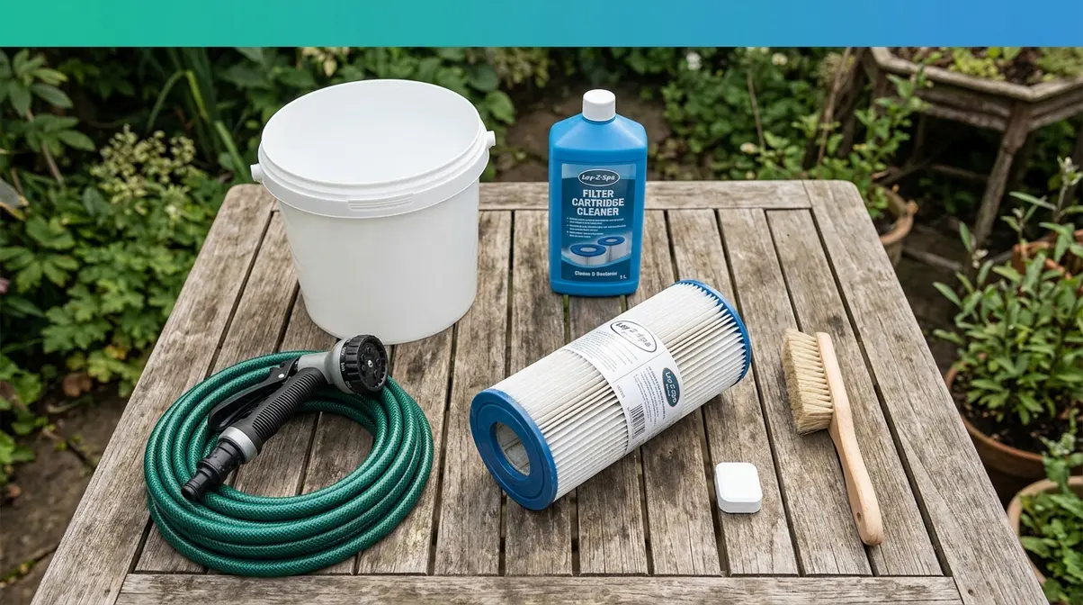 How to Clean Lay-Z-Spa Filter: Step-by-Step Guide 1 Tools needed to clean a Lay-Z-Spa filter including hose, bucket, cleaner, and soft brush