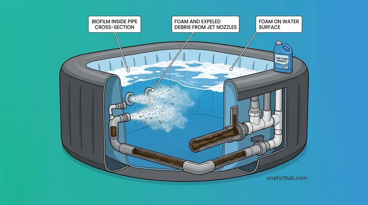 Cutaway diagram of inflatable hot tub plumbing showing biofilm inside pipes being expelled by line flush product through jets