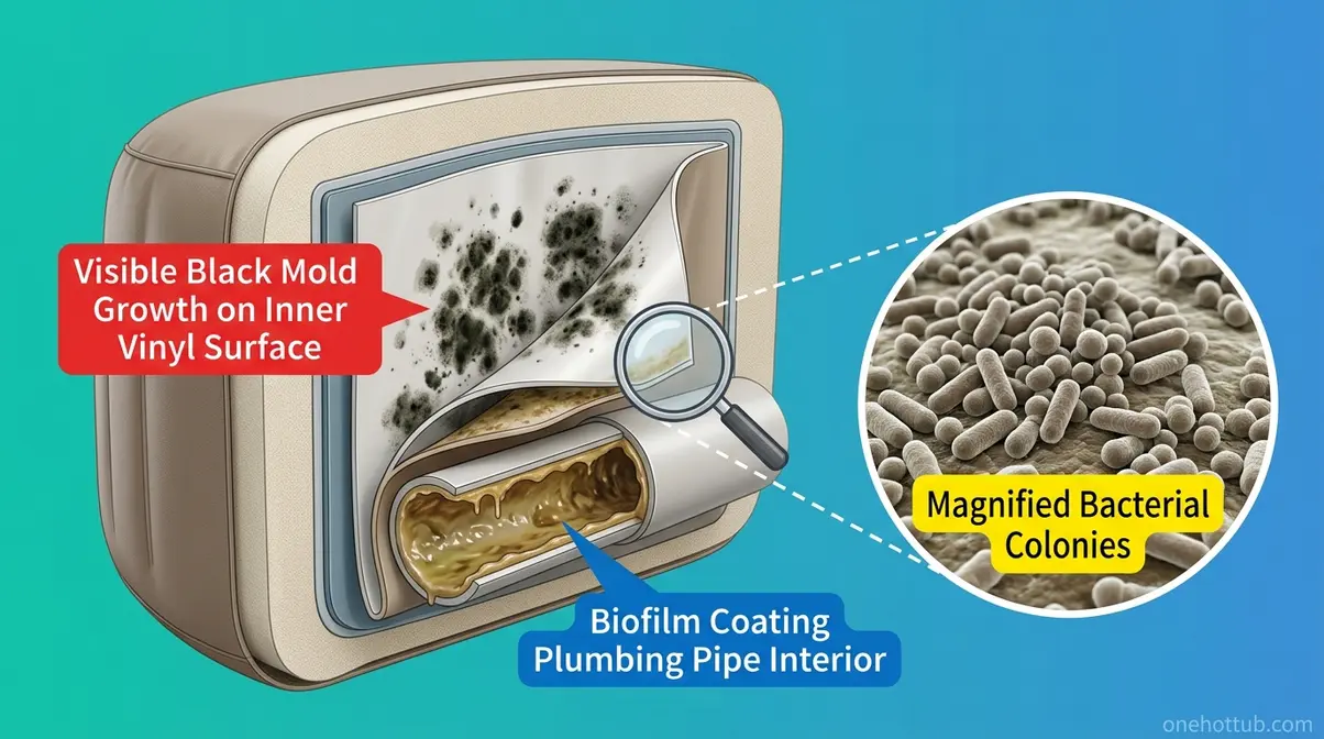 Cross-section diagram showing black mold, biofilm, and bacteria inside an inflatable hot tub wall and pipe