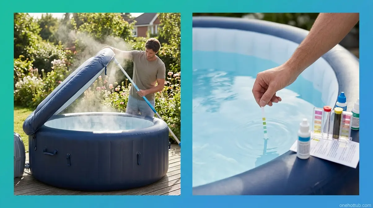 Inflatable hot tub mold prevention showing lid ventilation after use and water chemistry testing with test strips