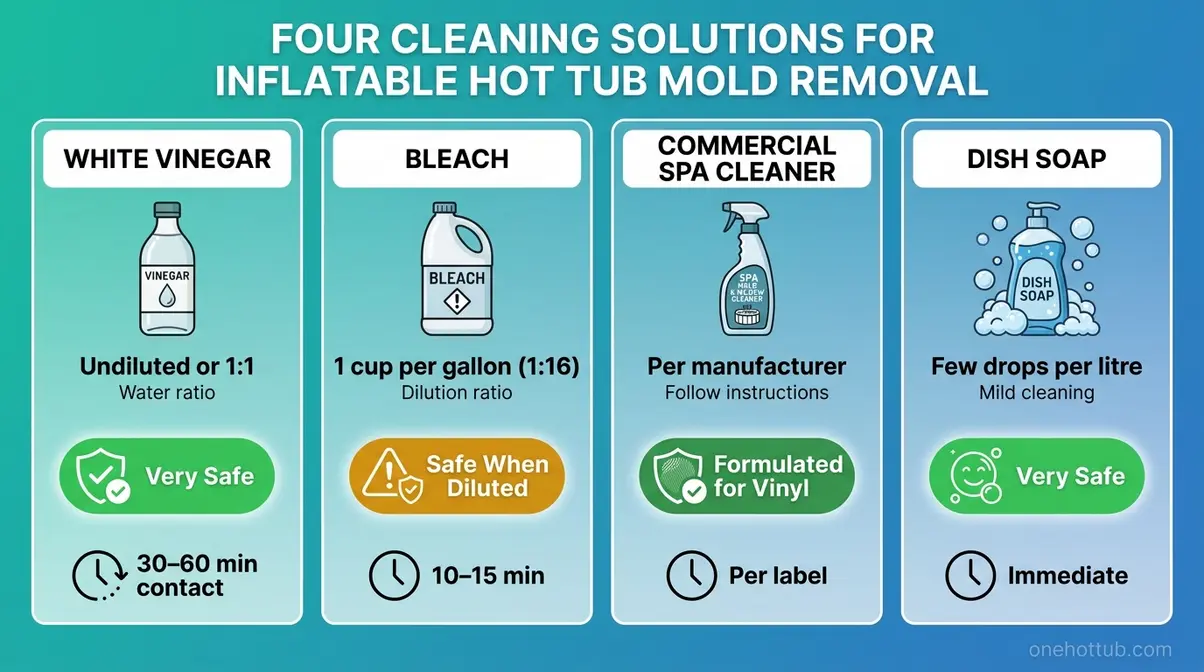 Inflatable hot tub mold cleaning solution dilution chart comparing vinegar bleach commercial cleaner and dish soap for PVC vinyl safety