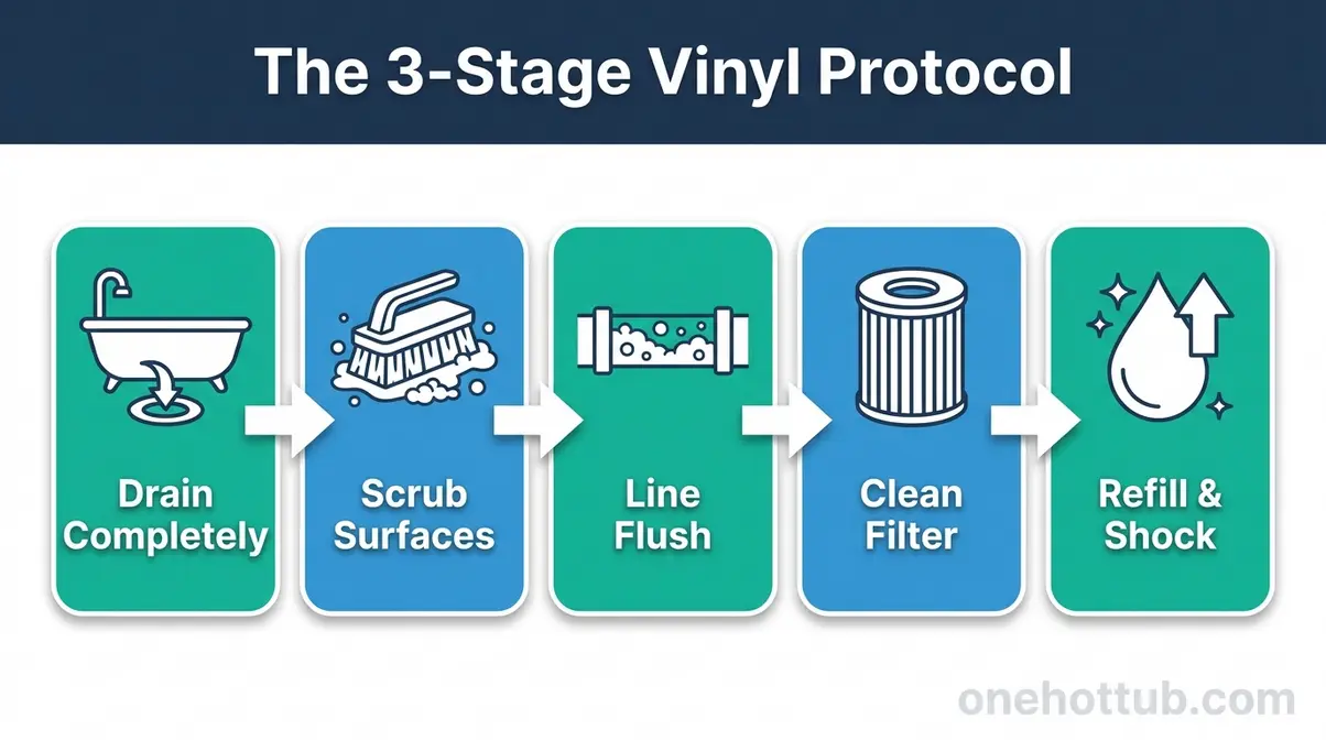 5-step inflatable hot tub mold removal process infographic showing the 3-Stage Vinyl Protocol from drain to refill