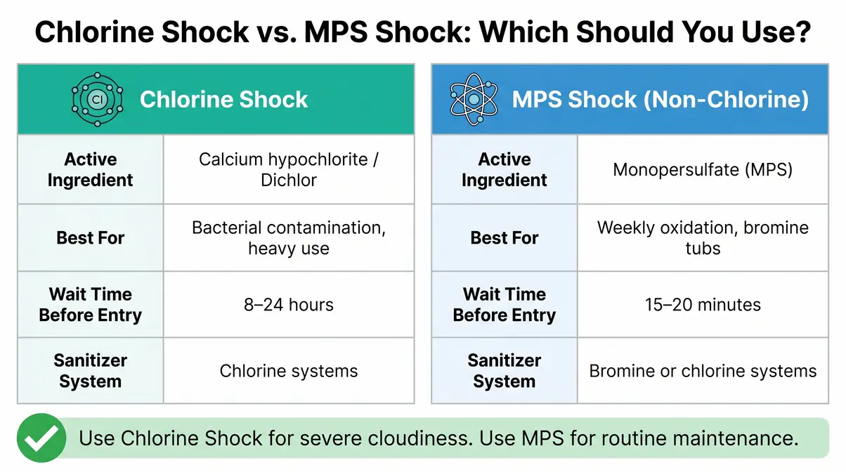 Side-by-side comparison of chlorine shock versus MPS non-chlorine shock for clearing cloudy hot tub water