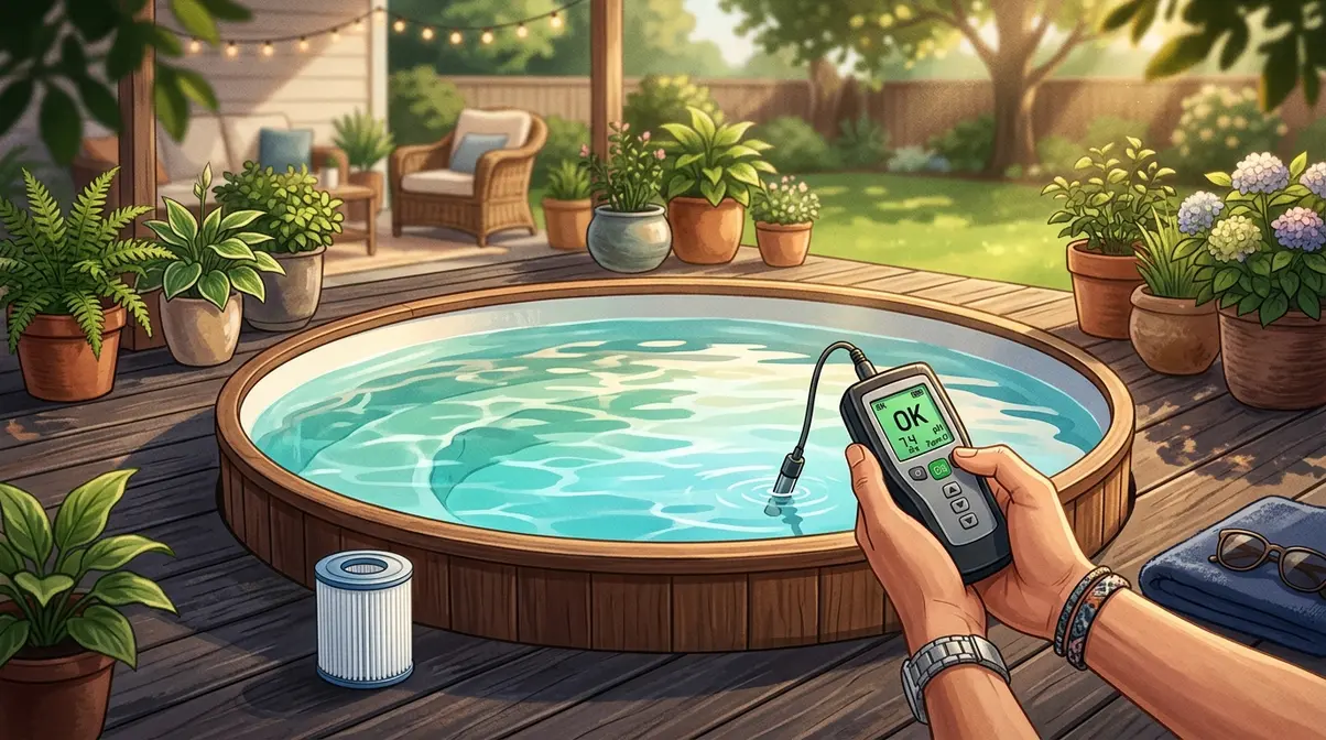 Well-maintained hot tub with crystal-clear water being tested with a digital water tester