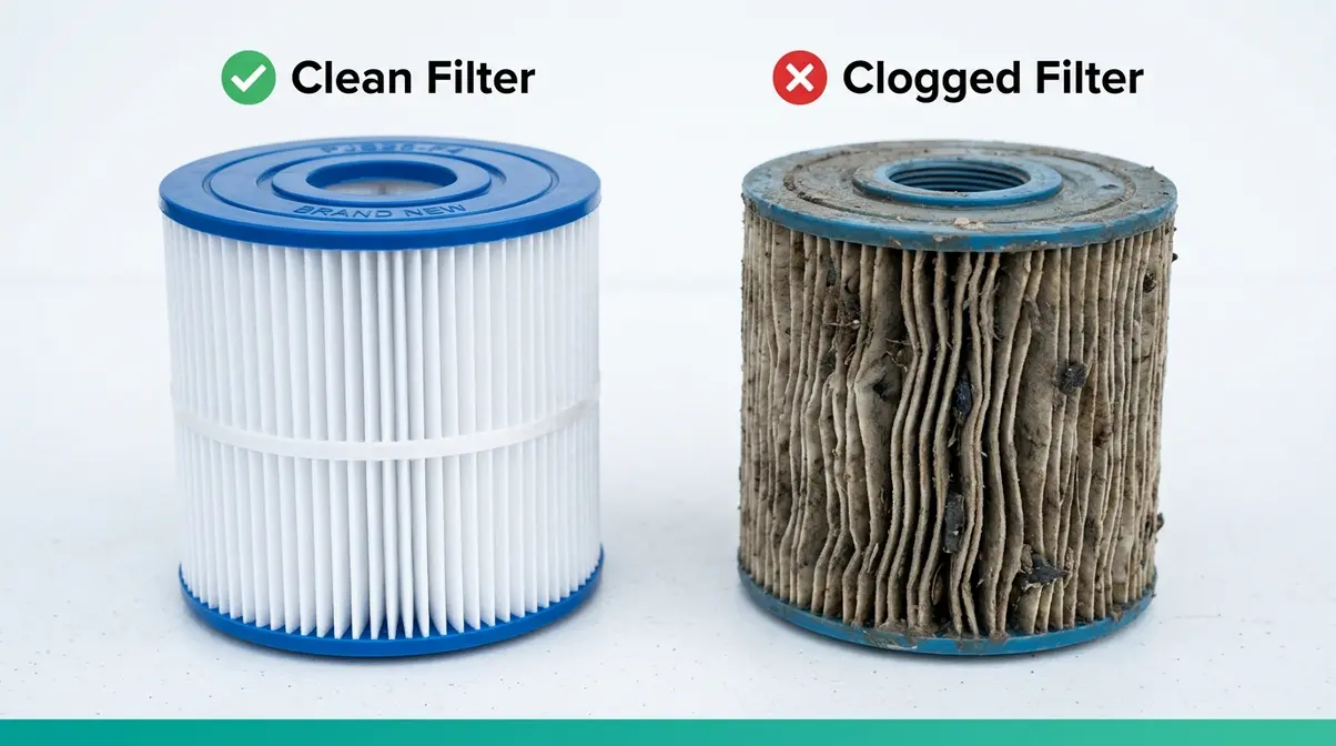 Comparison of clean versus dirty clogged hot tub filter cartridge causing cloudy water