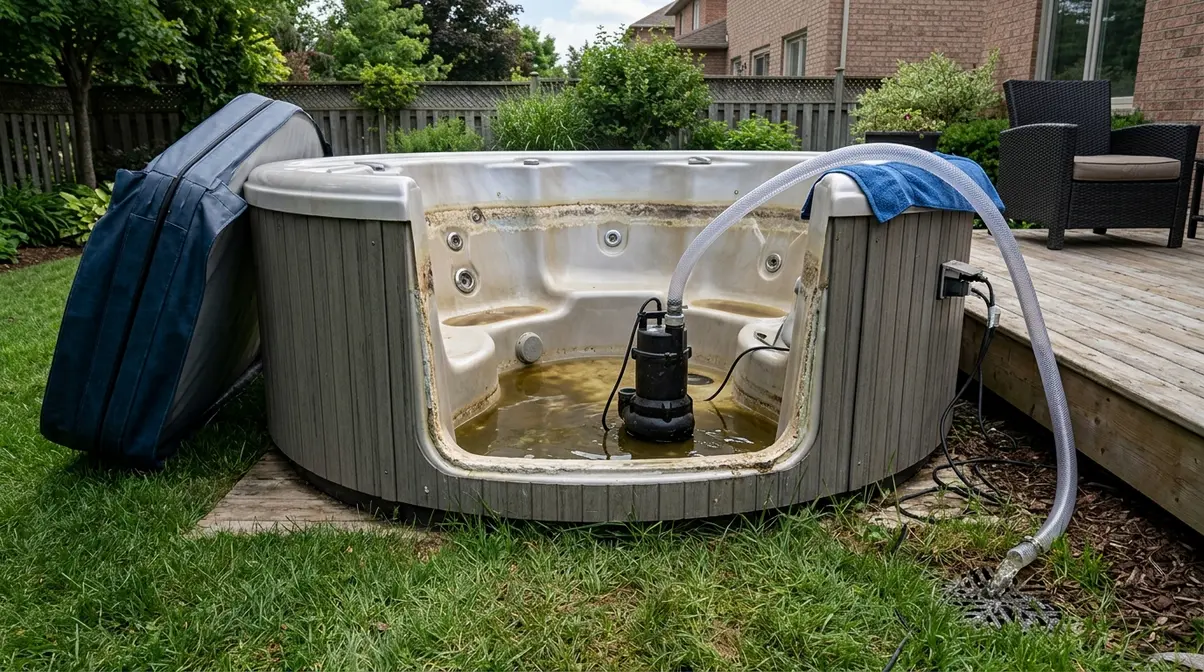 Draining a hot tub with submersible pump to remove high TDS cloudy water for refill