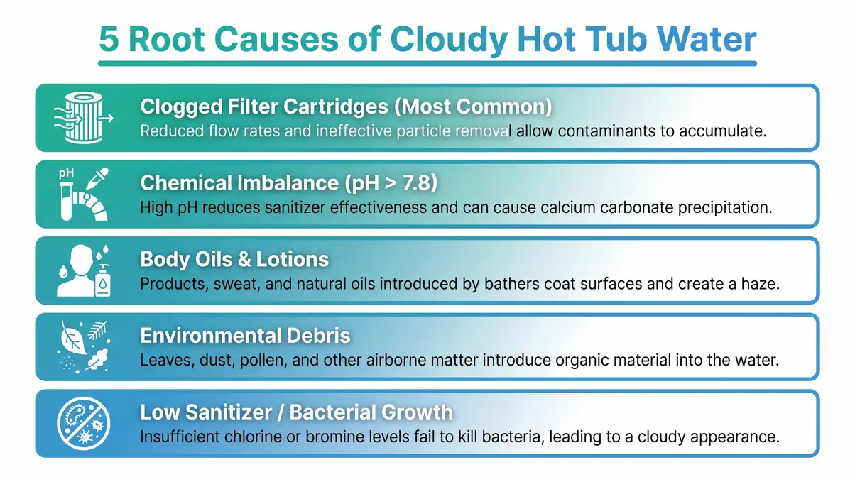 Infographic showing five main causes of cloudy hot tub water including dirty filters and chemical imbalance