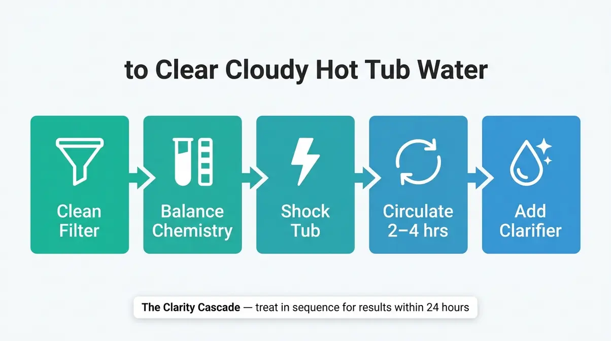 Five-step Clarity Cascade process to clear cloudy hot tub water from filter cleaning to clarifier