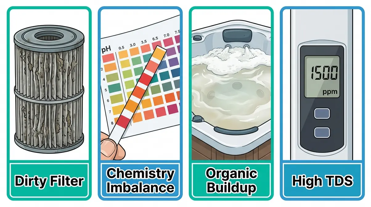 Four root causes of cloudy hot tub water including dirty filter and chemistry imbalance