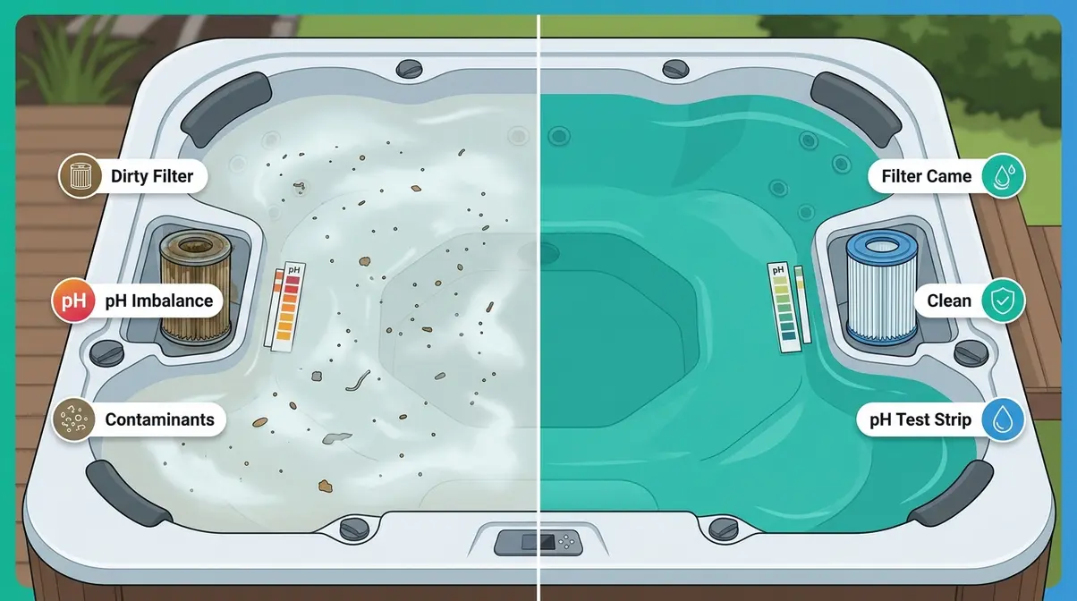 Split comparison showing cloudy hot tub water causes versus clear balanced hot tub water