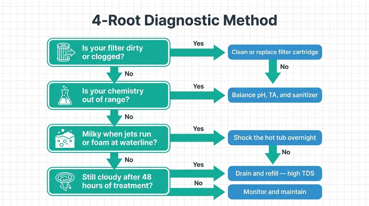 How to clear cloudy hot tub water diagnostic flowchart showing four root causes and fixes