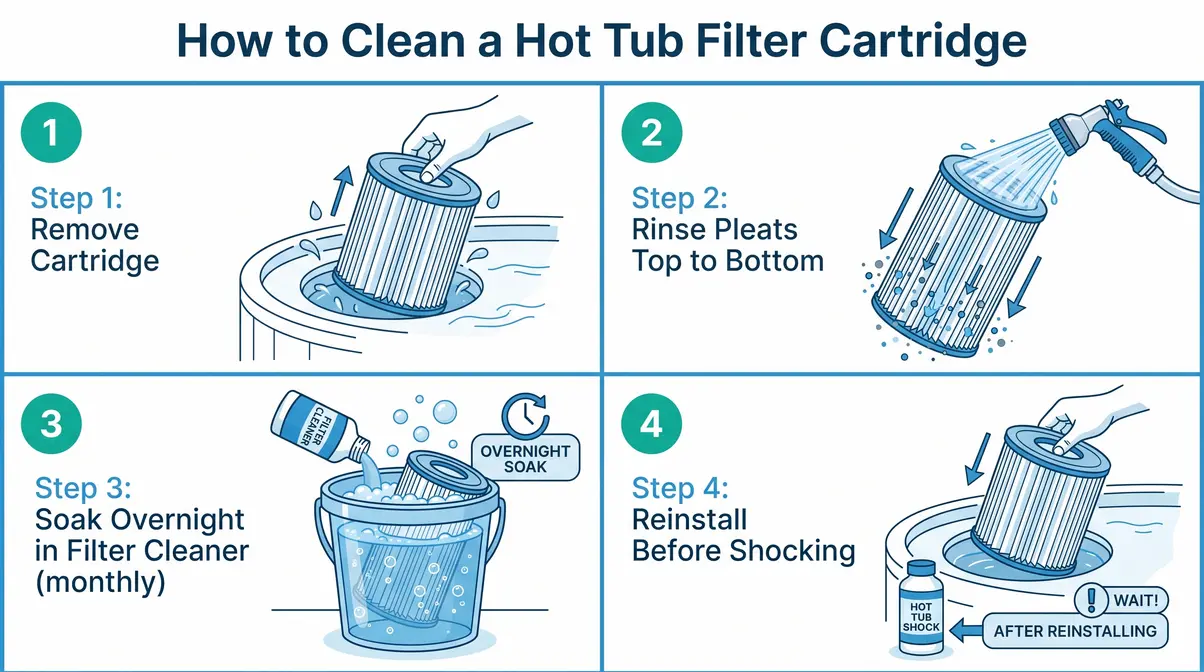 Step-by-step diagram showing how to remove and rinse a hot tub filter cartridge for cloudy water treatment